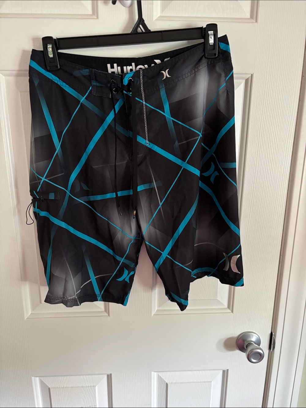 Hurley Phantom Black Swim Board Shorts with Teal Geometric Lines